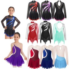 DE Mädchen Langarm Eiskunstlauf Kleid Mesh Spleiß Kürkleid Strass Tanz Kleid