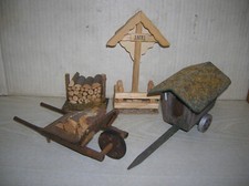 altes Krippen Zubehör 1 Schäferwagen 1 Karre mit Holz 1 Holzkreuz 1 Holzstapel