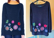 Desigual Schöner Strickpullover blue Glitzerstoff mit bunt bestickt hippie Gr:42
