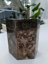 Alte Silberne Dose hoch Deckel Antik Nachlass 6 eckig versilbert Muster 