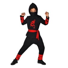 NINJA KOSTÜM KINDER Karnval Fasching Junge Samurai Schwarz Roter Drachen Gr. 116