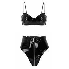 Damen Wet Look Dessous Set Lack Leder Spaghettiträger BH und Slip Party Clubwear