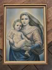 Sixtinische Madonna von Raffael, Lithografie, ca. 1970, Holzrahmen 76x56cm