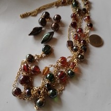 Kette goldfarben 3 reihig bunte schillernde Perlen + paßende Ohrclips ca 100 cm