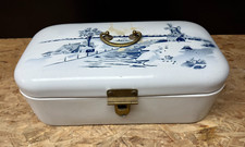 alter Brotkasten Emaille Messing Hollandmotiv weiß-blau