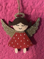 Holz Engel mit Aufhänger, rot goldig Glitter, 7,5 cm hoch, wunderschön NEU