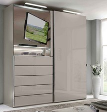 Staud Media Kleiderschrank mit TV Fach und TV Halter Schwebetürenschrank Glas