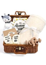 7-in-1 Baby Geschenkset: Decke, Schmusetuch, Rassel, Lätzchen, Socken in Korb