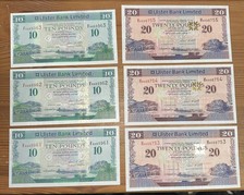 3x 10 + 3x 20 Pounds Nordirland / Northern Ireland 1.1.2008 Ulster Bank, UNC