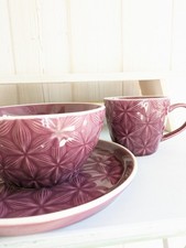Geschirr Set Greengate 3 tlg. Müsli Kaffeetasse Teller modern violett KALLIA Neu