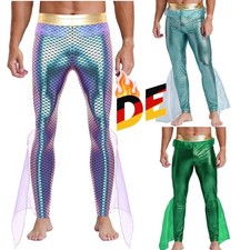 DE Herren Hose König der Meere Kostüm Glänzend Fischschuppen Pants Halloween 