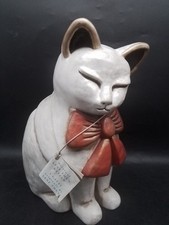 Original Lene Thun Bozen Keramik Figur,Katze Sitzend,rote Schleife Groß 28cm