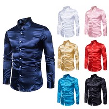 Herren Seidenartig Langärmelig Hemd Metallisch Glänzend Knöpfe Bluse Top Show