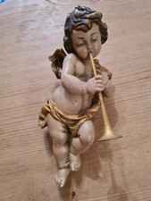 Holzengel mit Trompete 25cm Putto Barock Oberammergau geschnitzt und handbemalt