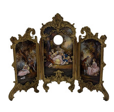 Tischuhr: Verziertes Dreiflügliges Rokoko-Paravent mit romantischen Szenen, Groß