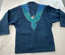 Vintage Jeans Blazer 1980er Jacke Sakko Denim Schulterpolster bestickt Gr. M-L
