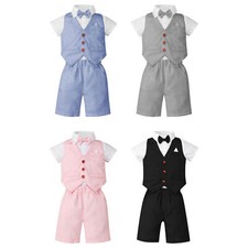 Baby Jungen Bekleidungssets Taufanzug Fliege Hemd mit Weste Shorts Anzug Set