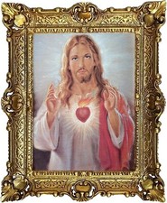 Gemälde Gott Jesus Christus Herz Wand Bild mit Antik Rahmen BAROCK 56x46 cm Mix