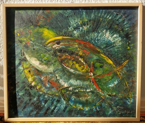 öl auf holz - fische, am