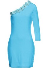 One-Shoulder-Kleid m Blumenapplikationen Gr. 36/38 Hellblau Mini Abendkleid Neu