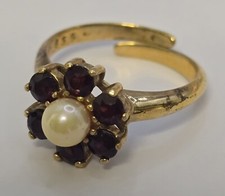 Vintage Ring 835 Silber Vergoldet mit Perle & Granat Gr. 56 (17,8 mm Ø) Verstell