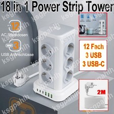 12 Fach Mehrfachsteckdose Steckdosenleiste mit 3 USB Verlängerungskabel 2M 3600W