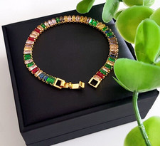 Edles Zirkonia TENNIS ARMBAND 925 Silber Baguette BUNT Armkette Armreif GOLD