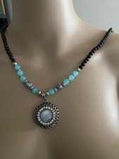 Kette lang,  Anhänger mit Kunstoffperlen, Stein, Schmuck, schwarz, aqua,silbern