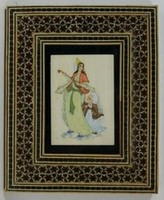 IndoPersische Miniaturmalerei Bein um 1900 filigraner Zierrahmen Lautenspielerin