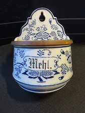 Vintage, Antik – Vorratsdose, Mehldose mit Holzdeckel, Keramik blau-weiß