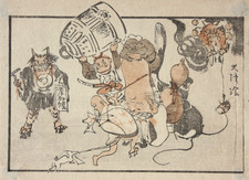 Schule von Hokusai, Farbholzschnitt, Surimono, Glücksgott Fukurokuju, Edo-Zeit