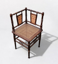 Antiker Filigraner Eckstuhl Kapitänstuhl Holz Keramik Geflecht