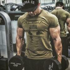 Alpha Men's Gym T-Shirt Bodybuilding Fitness Training Workout Muscle Tee Tops ^