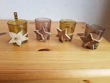 ?4x Teelichtgläser Teelichthalter Glas grünlich bräunlich mit Holzstern?#d15