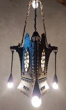 antiker Deckenlüster mit Drachenköpfen - Kupfer & Glas - Lampe Leuchter um 1900