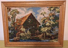 Stickbild Gobelin mit Echtholzrahmen aus Eiche, Motiv Wassermühle