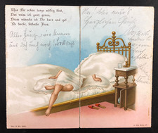 AK kuriose Doppel Karte - Frau im Bett - Was Dir schon lange nöthig thut - 1904