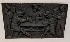 Alte Ofenplatte Guss - Eisen Platte, Motiv Trinkgelage, gebraucht