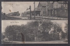 6543. Ak Ahlhorn, Bahnhof von der Gleisseite und Weg zum Flugplatz