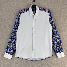 Oscar Banks Herren Hemd L Blau Totenkopf Print Slim Fit Langarm Party