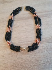 Halskette 4reihen Schwarz Lachskoralle Perlen Vintage Aus Omas Nachlass