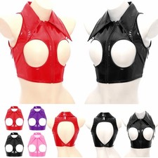 DE iEFiEL Lack Leder Crop Top Damen Ärmellos Offene Brust Glanz Weste Clubwear