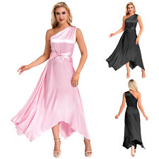 Damen Festliche Satin Abendkleider Lang Cocktailkleider Ärmellos Ein-Schulter
