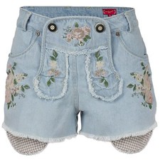 Krüger Damen Jeanshose Trachtenshorts Jeansshorts mit Latz floralen Stitchings