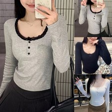 Elegant für Damen wattiertes T-Shirt Spitze Freizeit Overall Slim Fit Ärmel