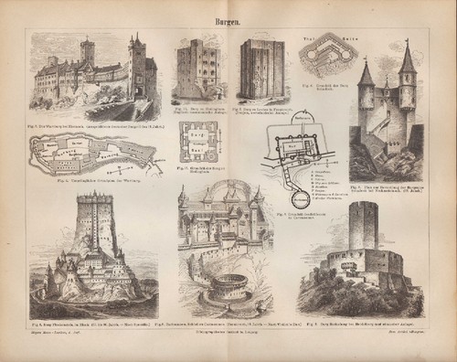 Lithografie 1886 burgen burg - burgen.,
