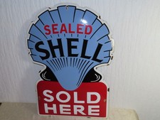 Schild Emailschild Benzin Sealed Shell Sold Here, Werkstatt!