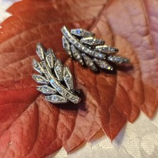 Antike Clips 50er Silber 925 Strass Blattform 30x12mm