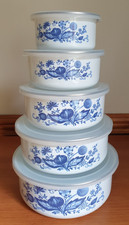 VINTAGE EMA LÖWE BLAU & WEISS EMAILLEGESCHIRR 5 STAPELBARE AUFBEWAHRUNGSBEHÄLTER