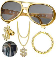 Giugio 4st Zuhälter Kostüm 80er 90er Jahre Outfit Herren Hip Hop Dollar Kette Ri